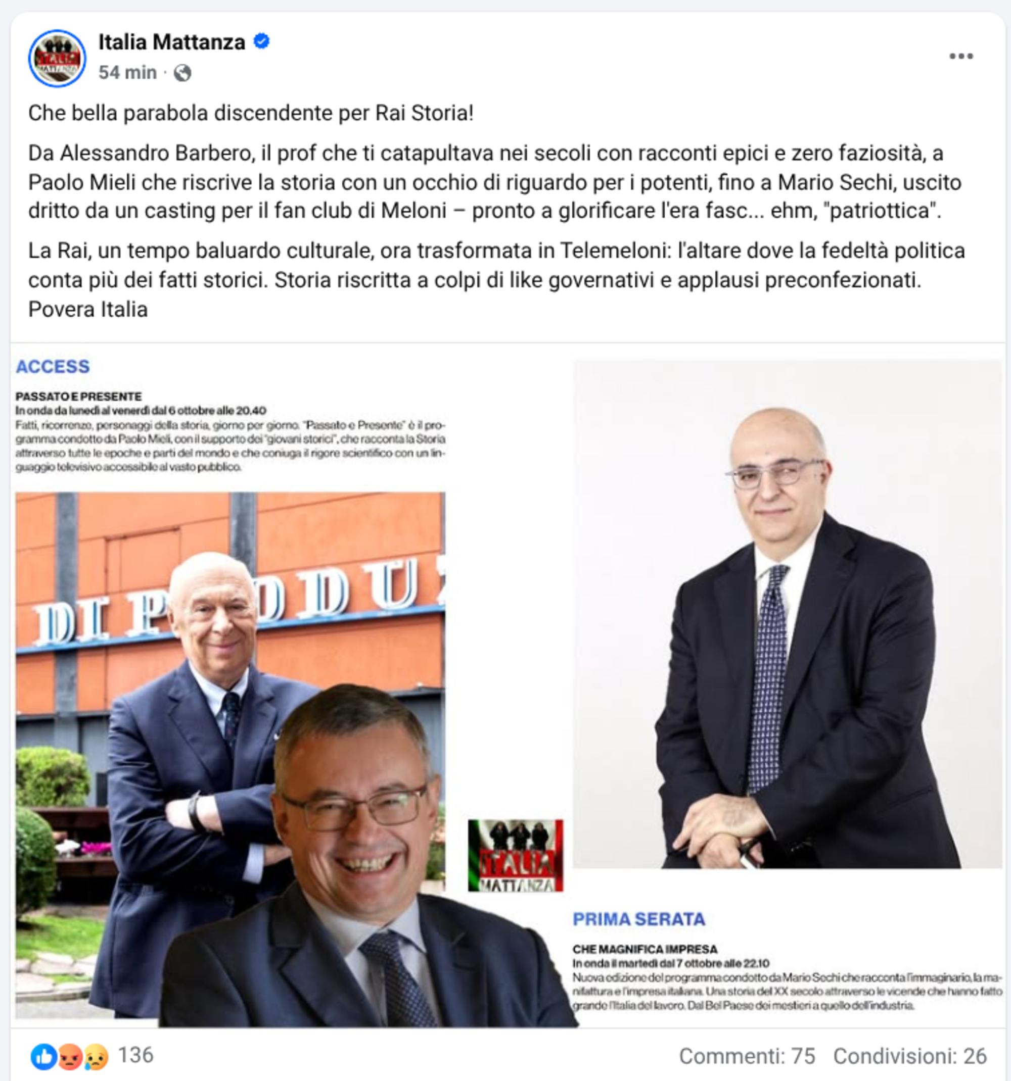 Italia Mattaza commenta su Fecebook il trend &quot;Mario Sechi sostituisce Alessandro Barbero a Rai Storia&quot;