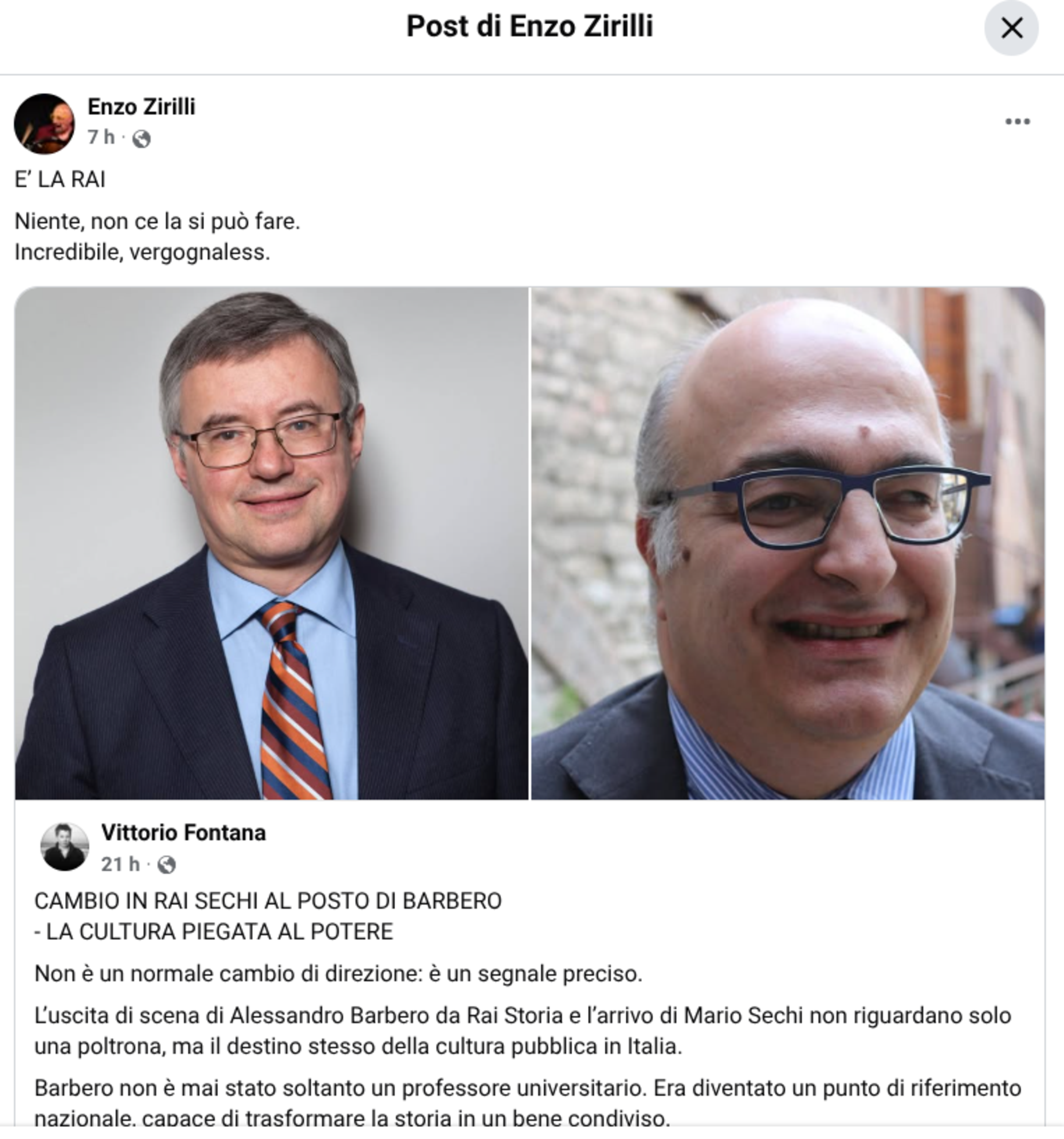 Uno dei post su Facebook che ha riacceso il dibattito su &quot;Mario Sechi sostituisce Alessandro Barbero a Rai Storia&quot;