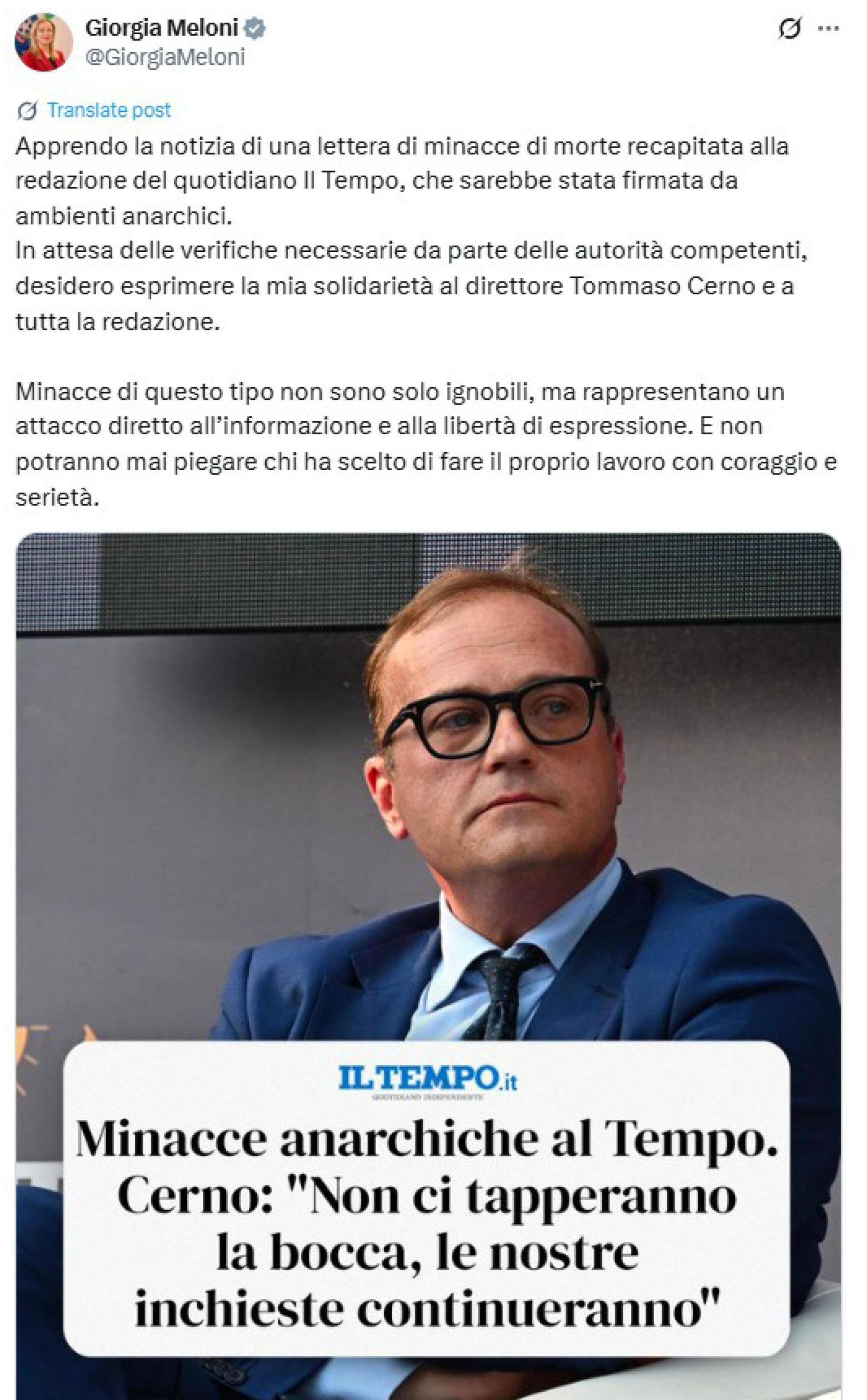 Il post di solidarietà di Giorgia Meloni