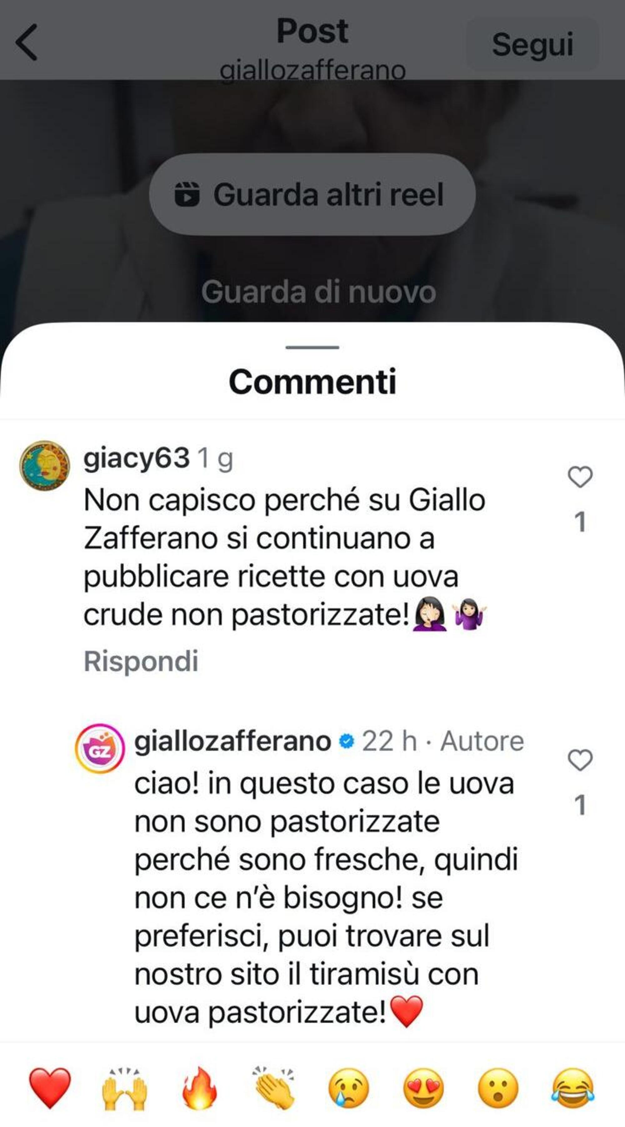 La risposta su Instagram di Giallo Zafferano sulle uova fresche