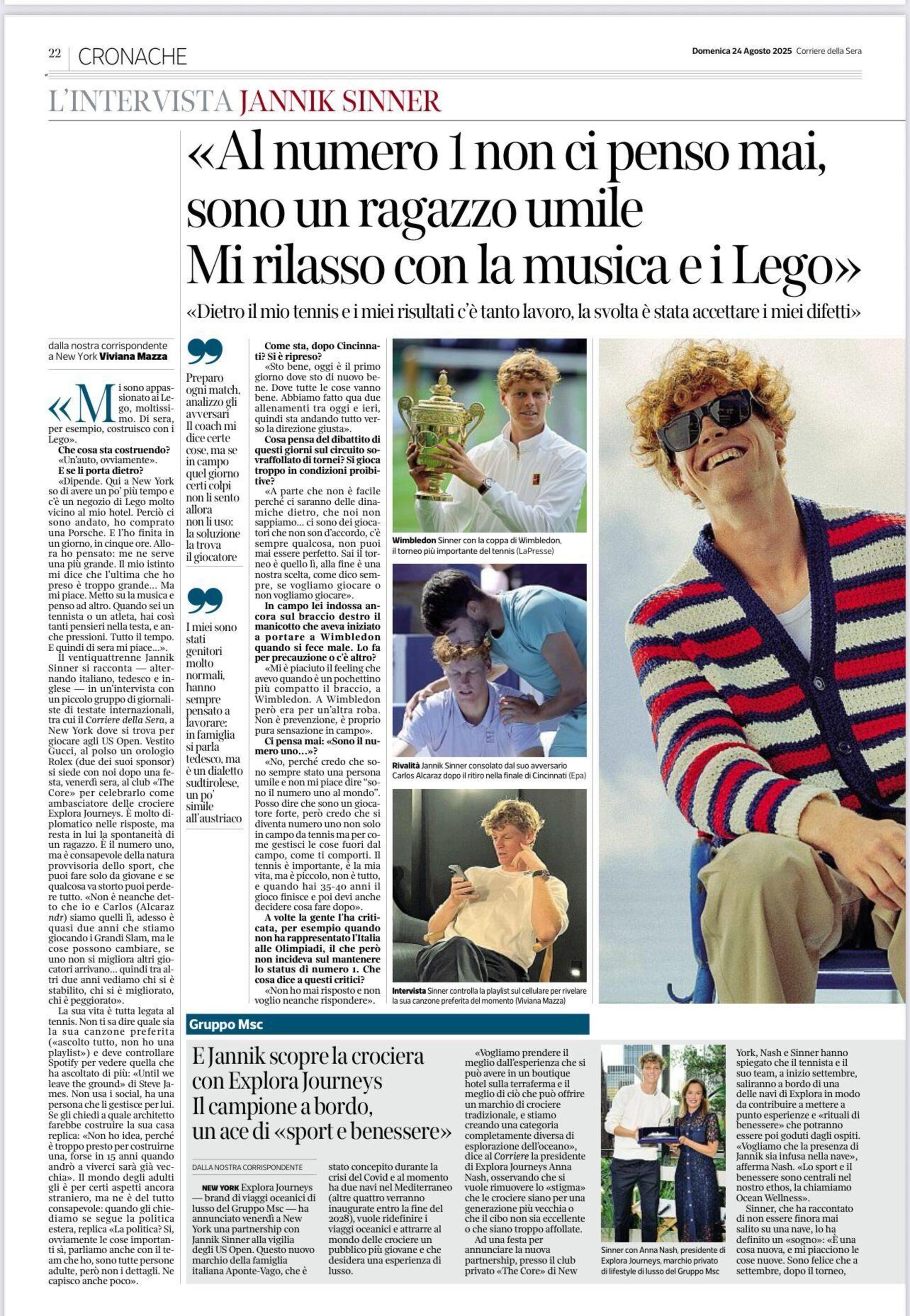 L’intervista a Sinner sul Corriere della Sera