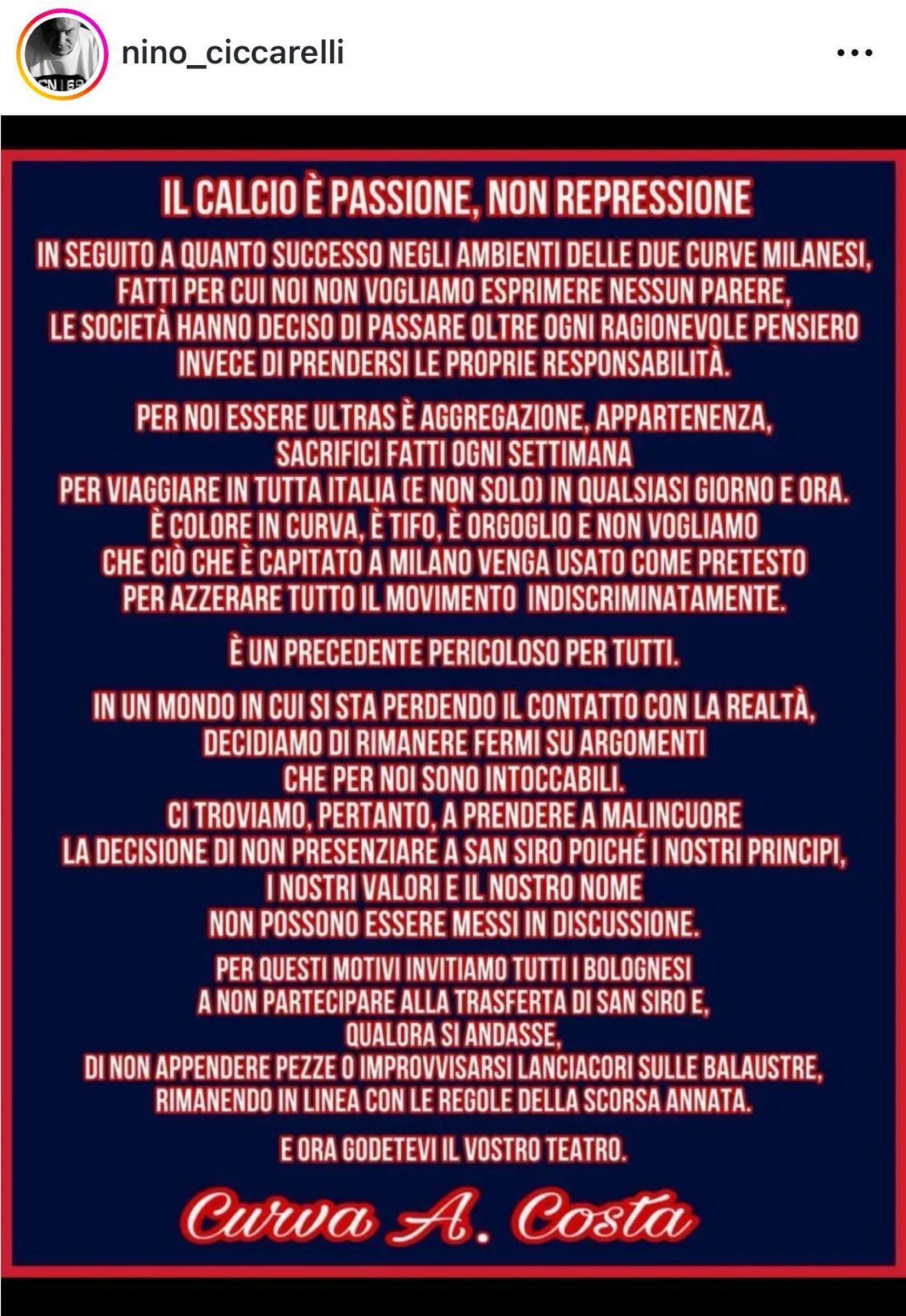 Il comunicato della curva del Bologna condiviso da Nino Ciccarelli