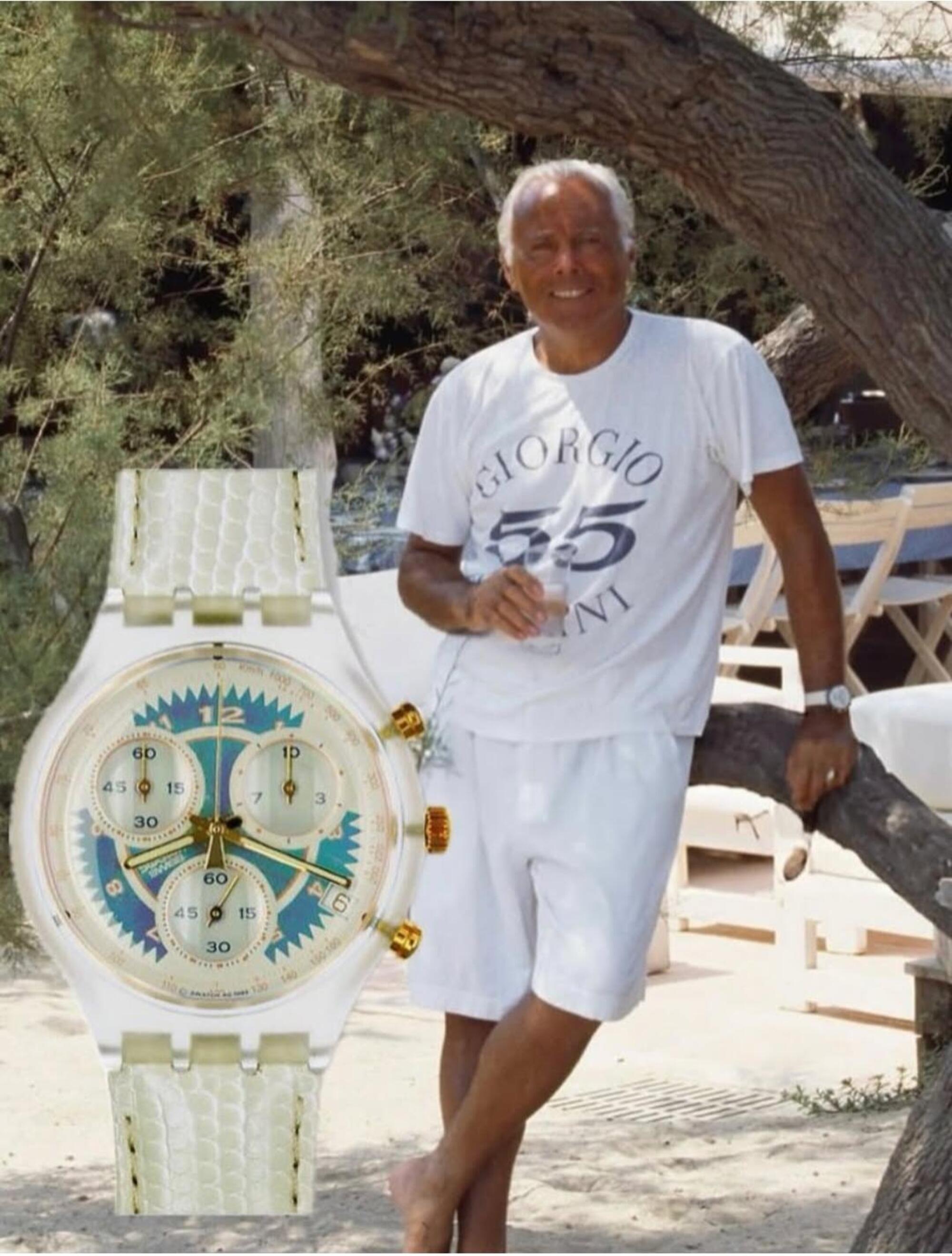 Giorgio Armani con lo Swatch Chrono Whipped Cream (SCK400),