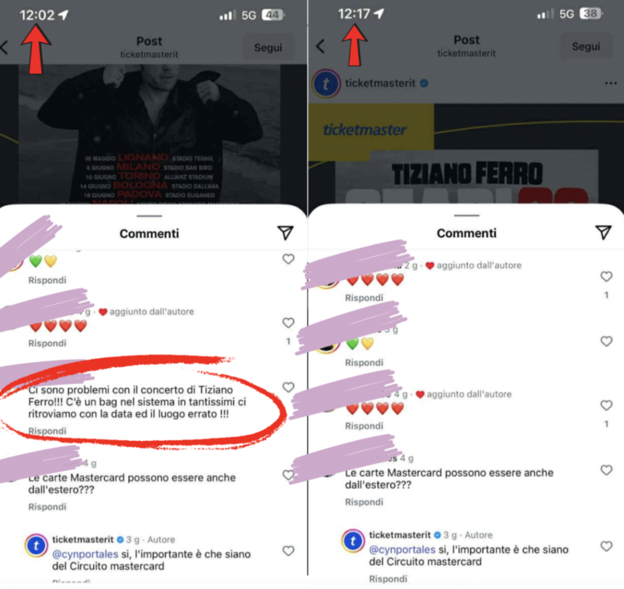 Un commento cancellato dalla pagina Instagram di TicketMaster nel giro di pochi minuti...