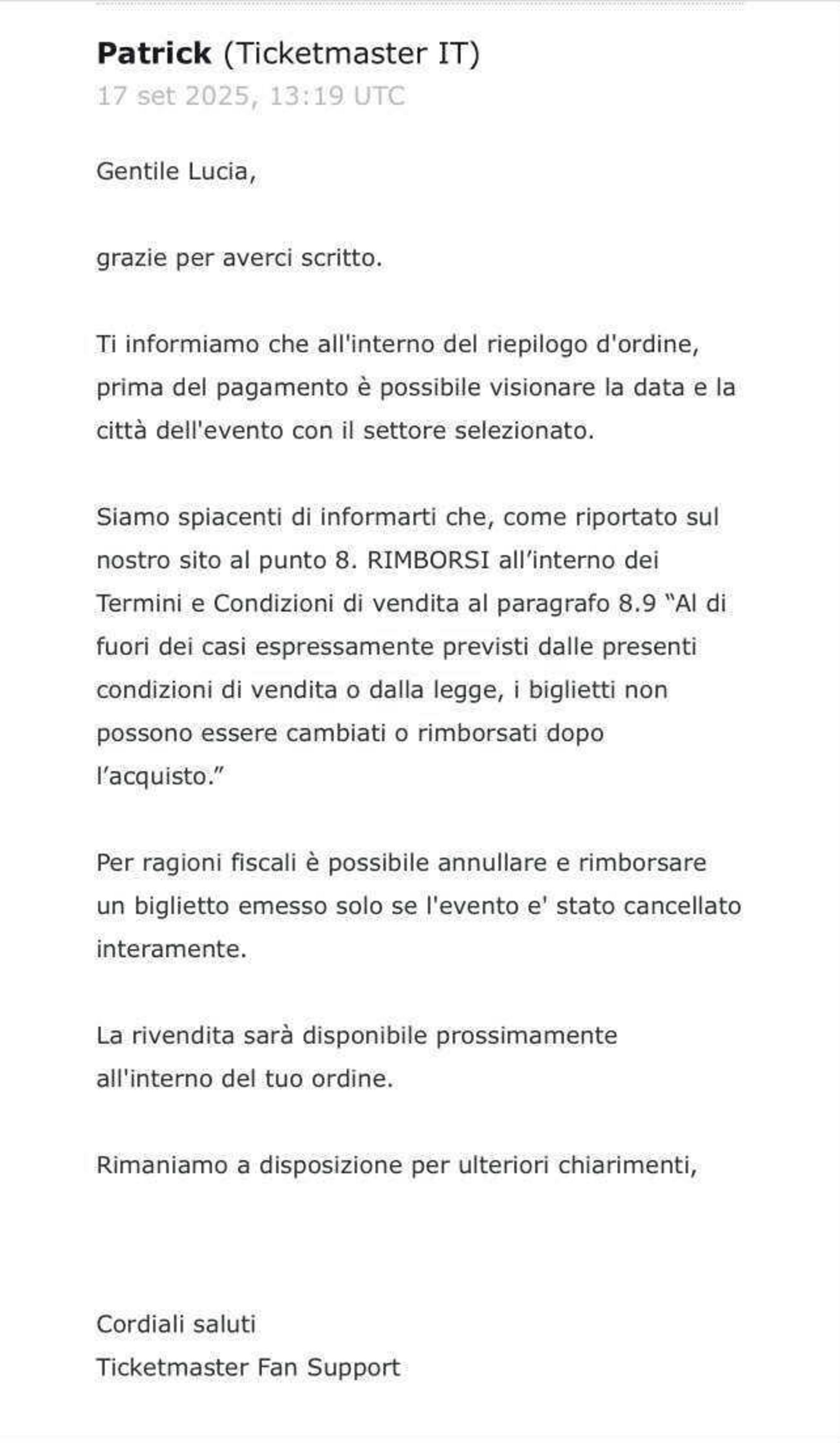 La mail di risposta di TicketMaster: niente rimborsi per i biglietti 'sbagliati'