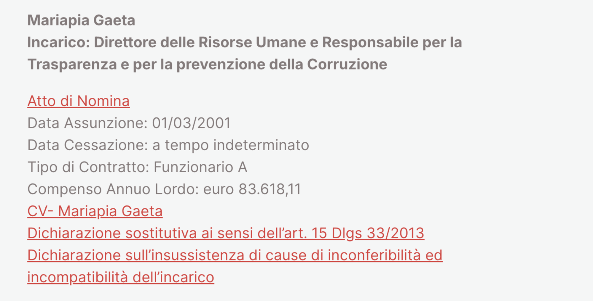 I dati pubblicati su Amminsitrazione trasparente (Sito della Fondazione San Carlo): ottobre 2025