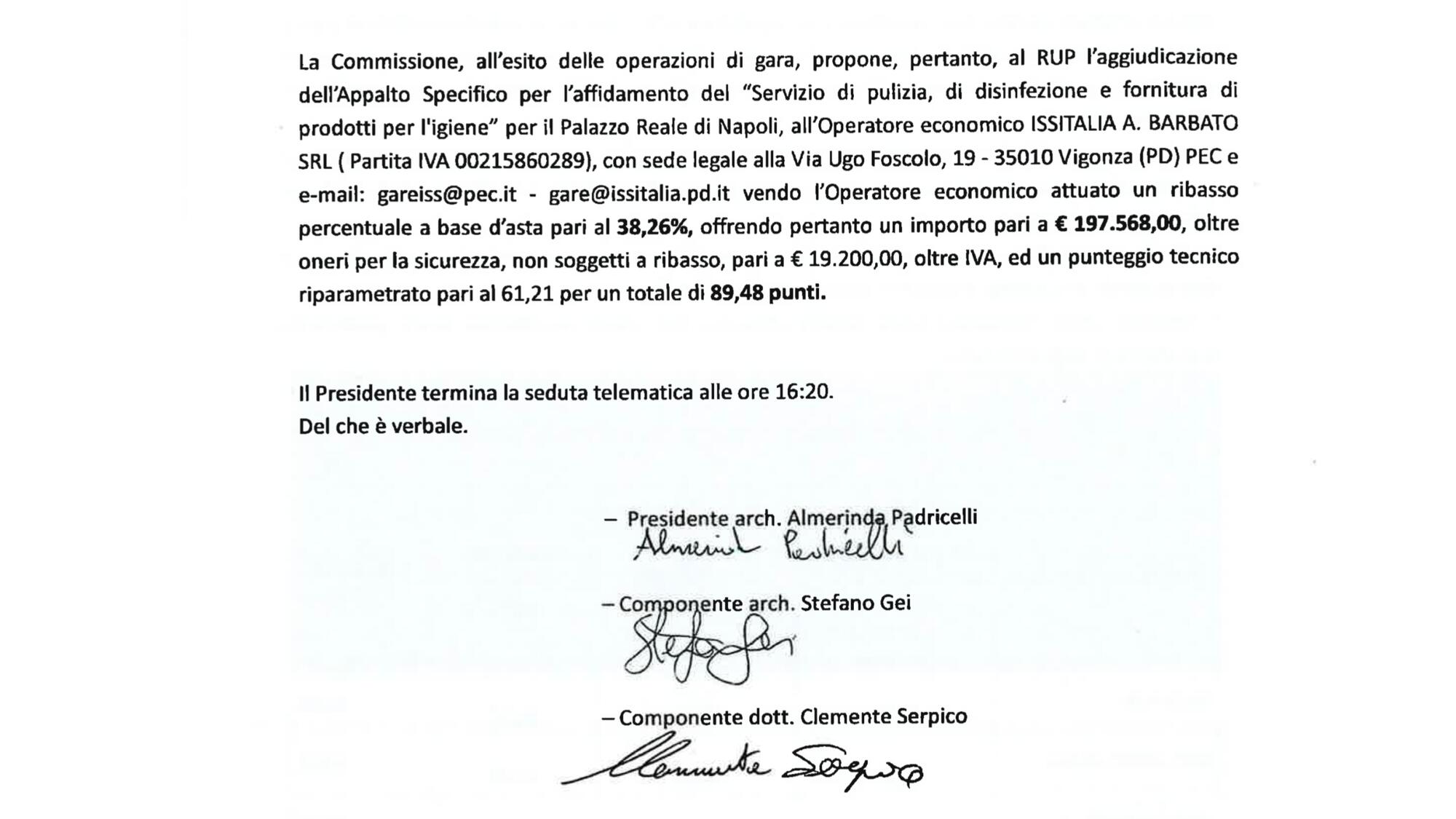 Il contratto a Palazzo Reale del 2023, firmato dalla presidente della commissione Almerinda Padricelli