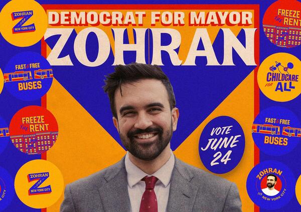 Ma quant&#039;&egrave; nuova la grafica politica di Mamdami: a met&agrave; tra pizzeria italoamericana e Bollywood, chi sar&agrave; il primo italiano a copiarlo?