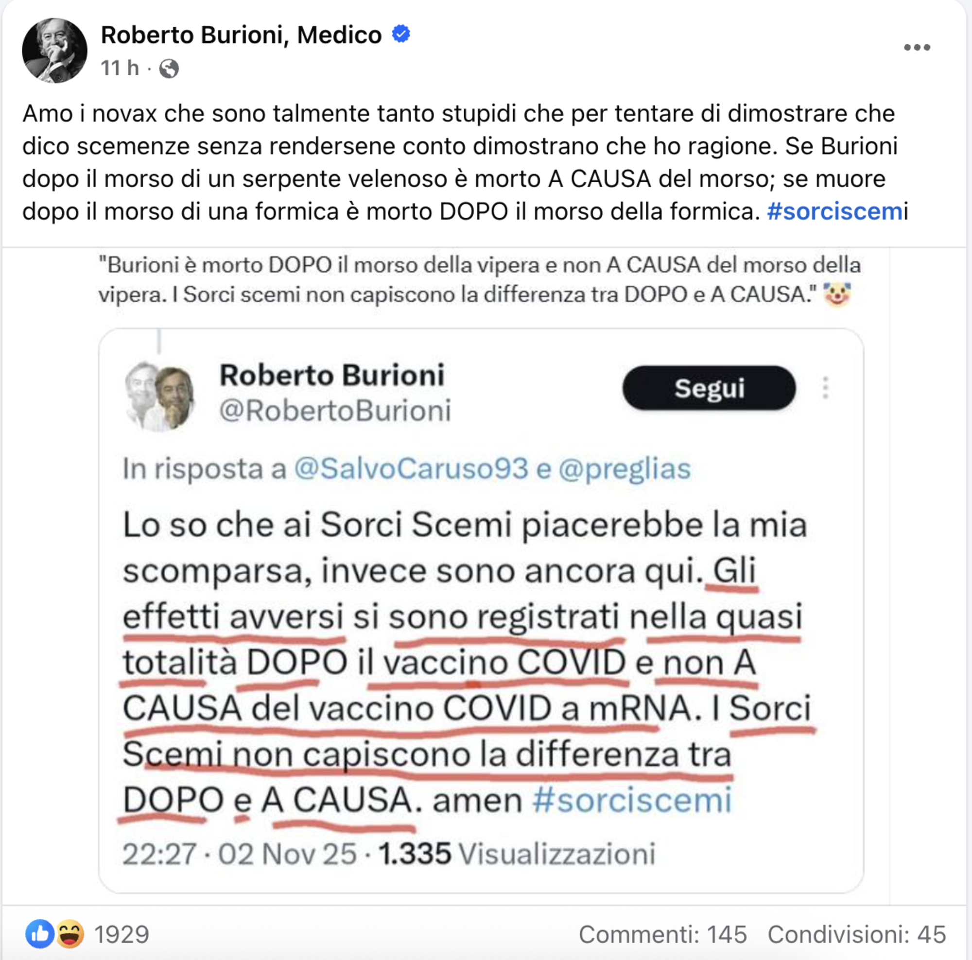 L&#039;ultimo pacatissimo post di Roberto Burioni (5 novembre 2025)