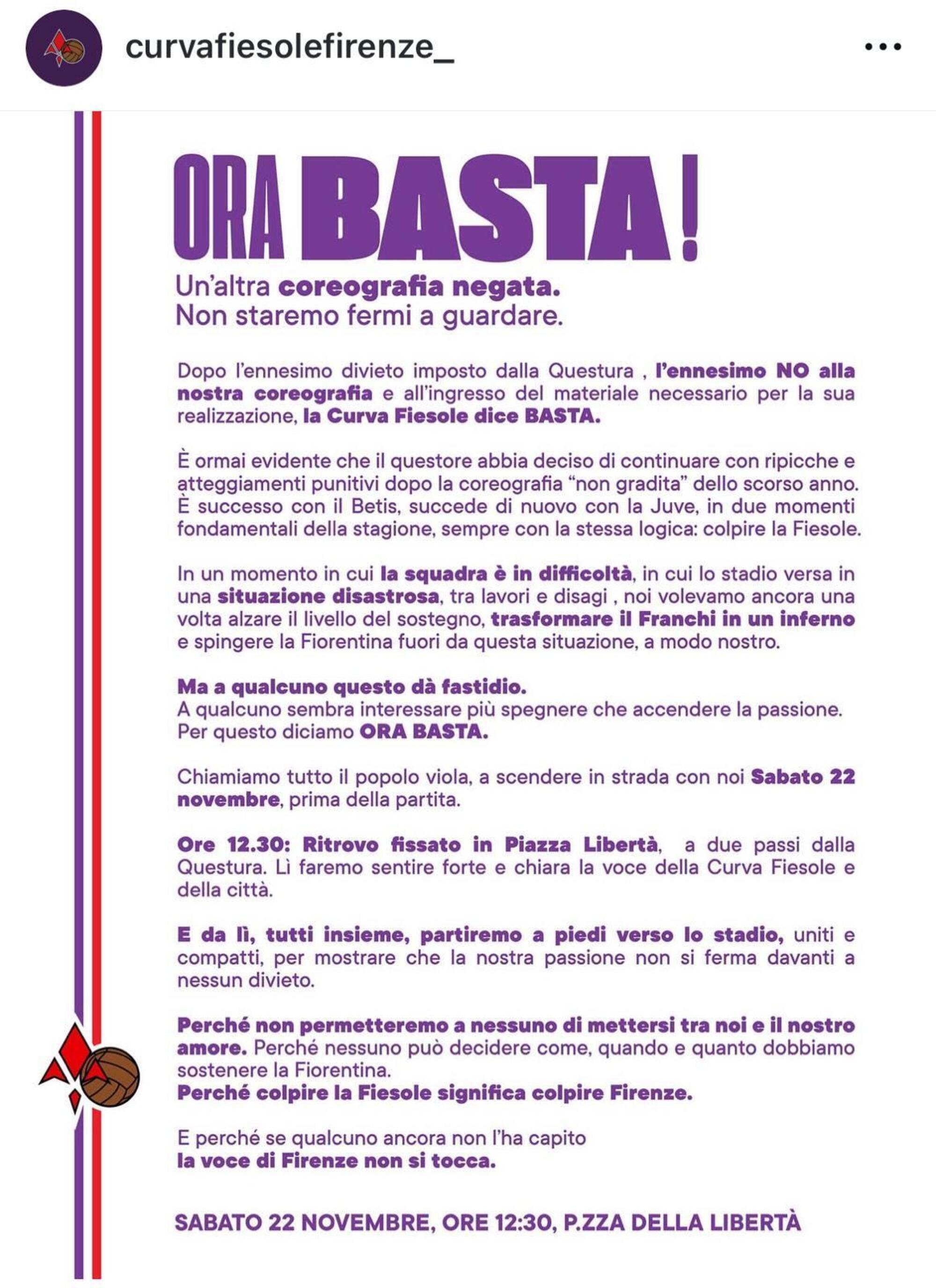 Il comunicato della curva Fiesole