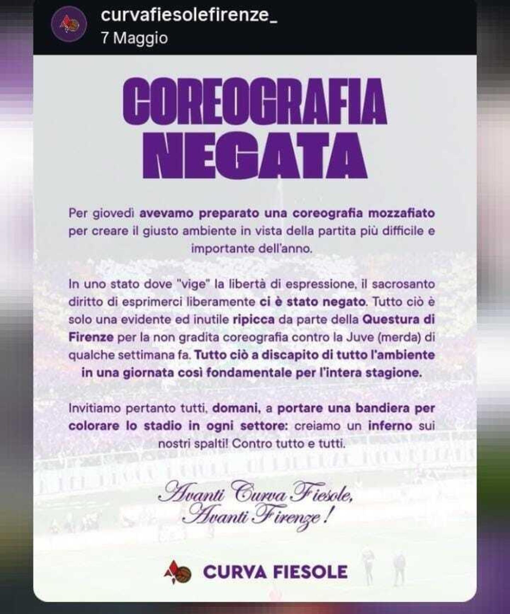 Il precedente comunicato della curva viola, maggio 2025