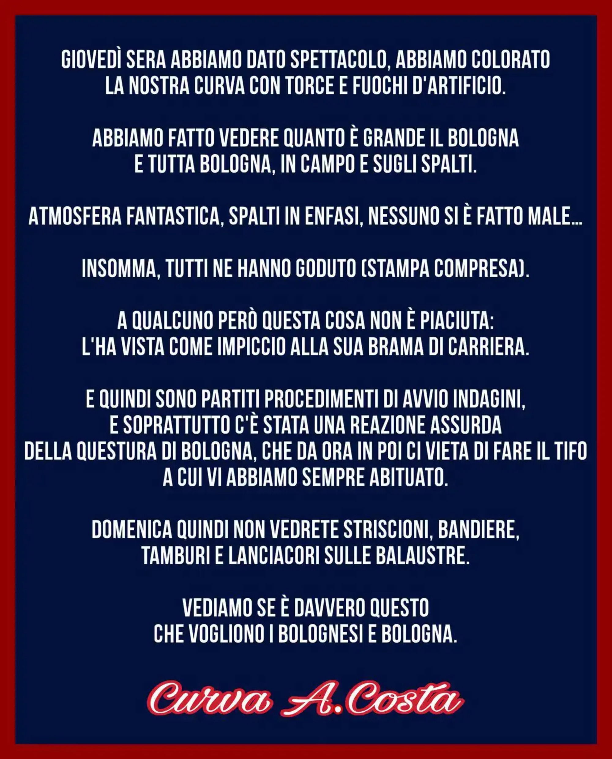 La curva del Bologna e il comunicato dopo l&#039;Europa League