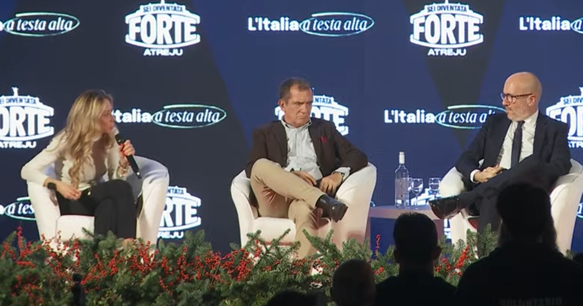 Da destra il magistrato Gioia l&#039;attore Ferrari la spaccante Arianna Meloni Atreju Tv