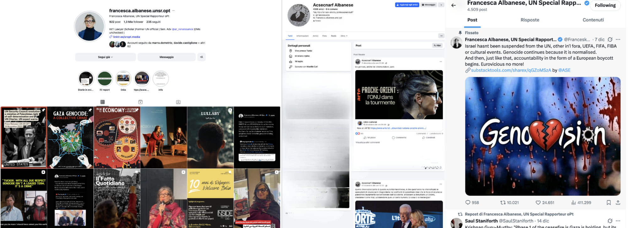 Le pagine social di Francesca Albanese alle ore 16:00 di luned&igrave; 15 dicembre
