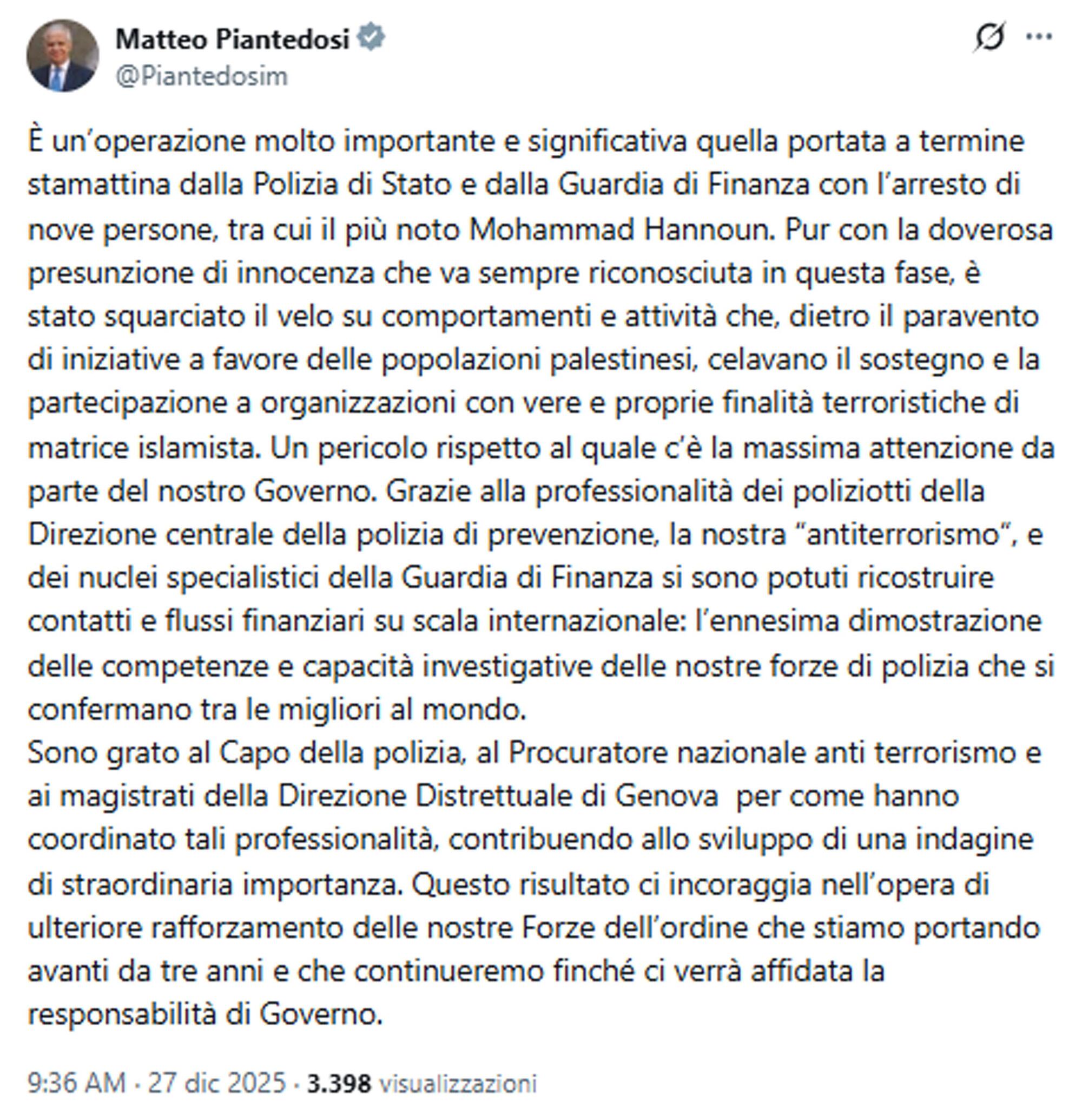 Il post del ministro Matteo Piantedosi