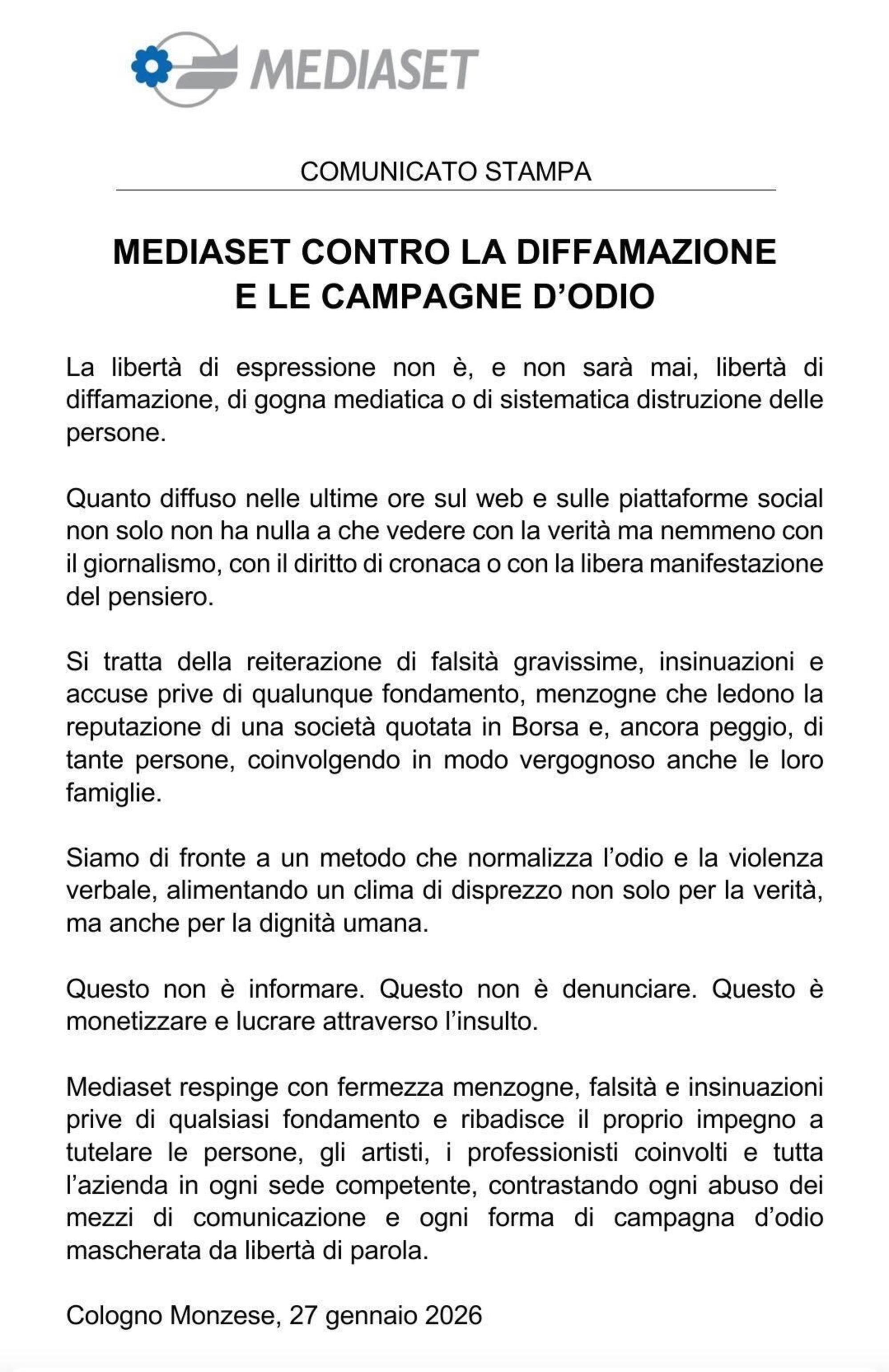 Il comunicato Mediaset