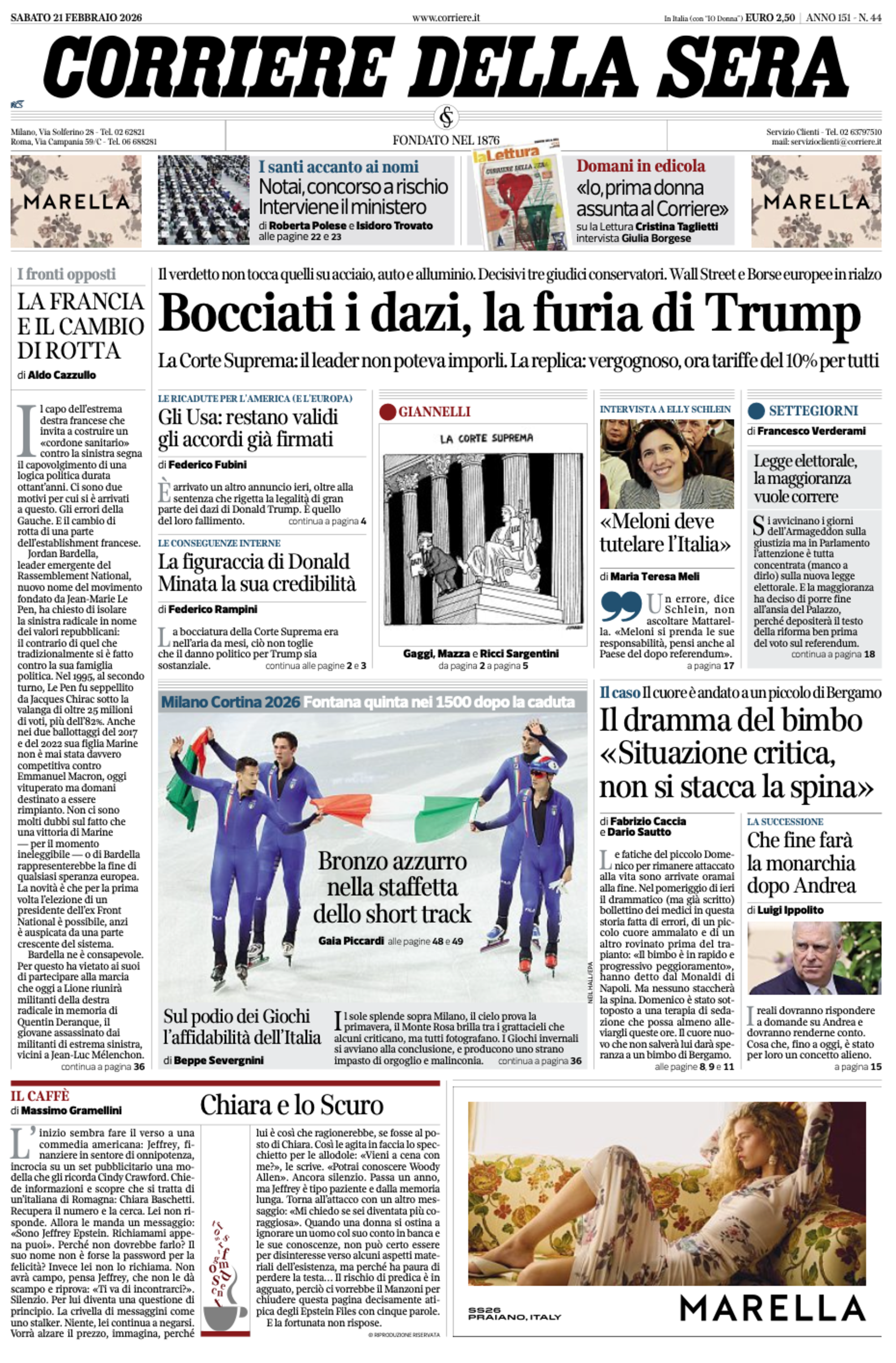 La prima pagina del Corriere della Sera