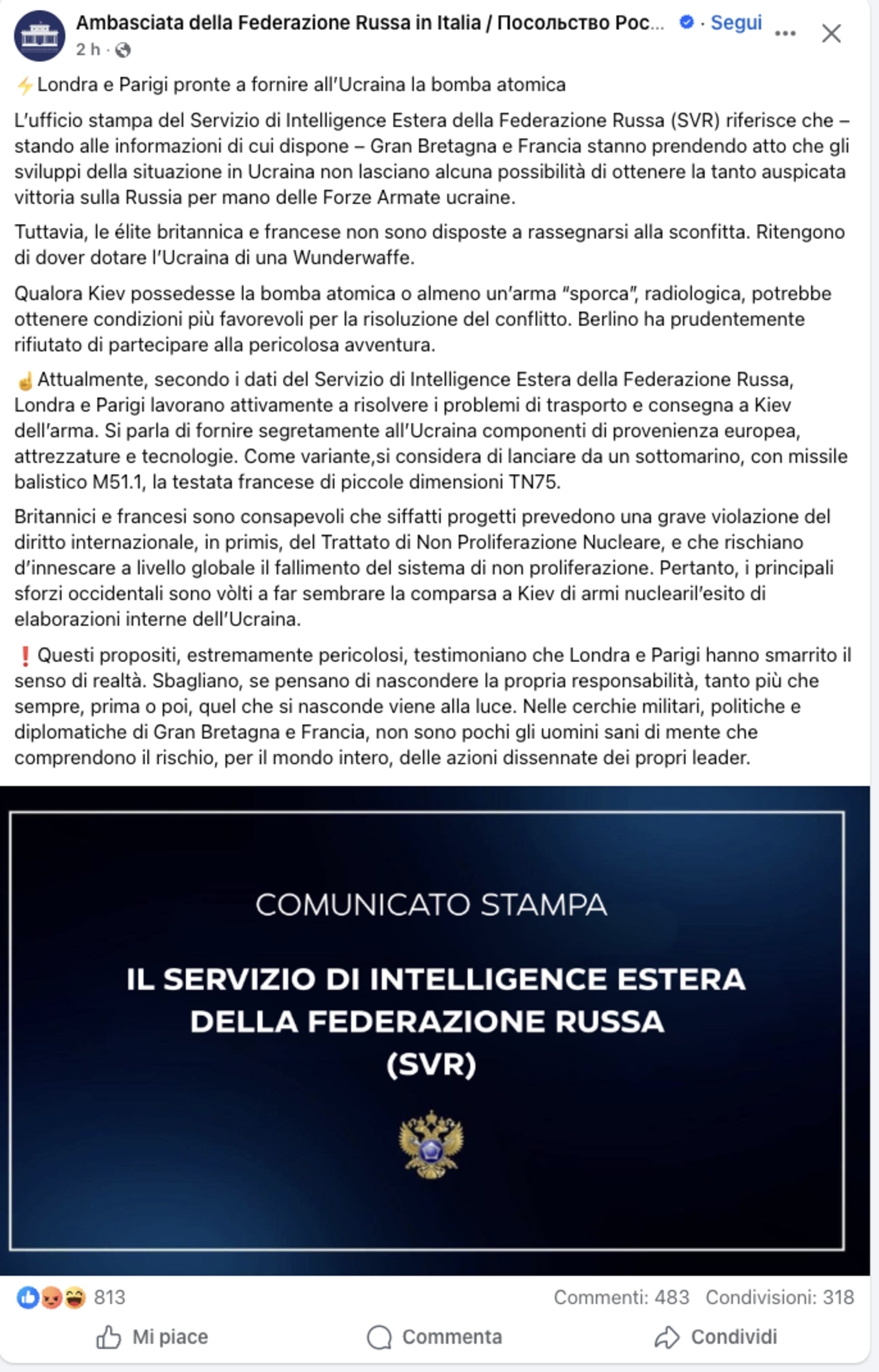 Il comunicato dell'Ambasciata russa in Italia