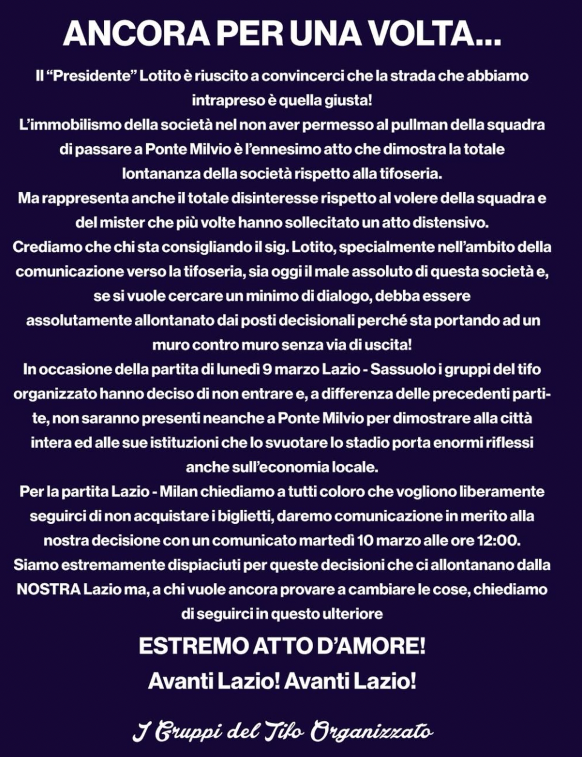 Il comunicato della curva Nord