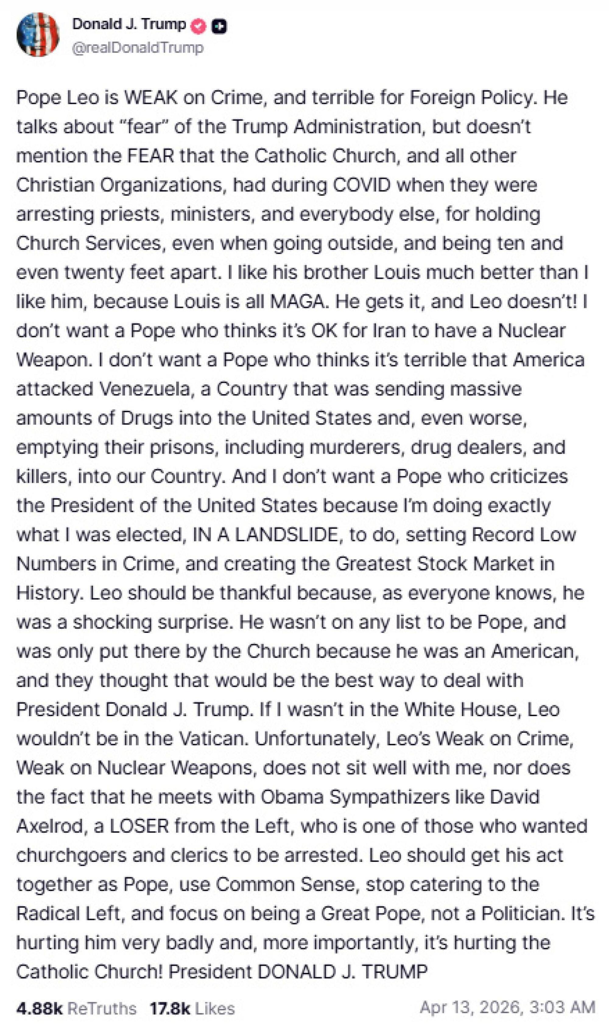 L'attacco di Donald Trump contro Papa Leone XIV su Truth