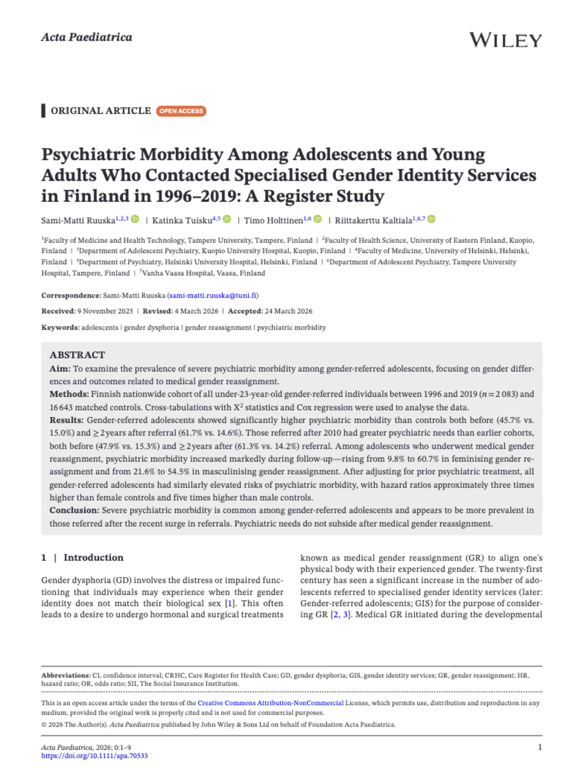 Lo studio pubblicato su Acta Pediatrica, "Psychiatric Morbidity Among Adolescents and Young Adults Who Contacted Specialised Gender Identity Services in Finland in 1996&ndash;2019: A Register Study"